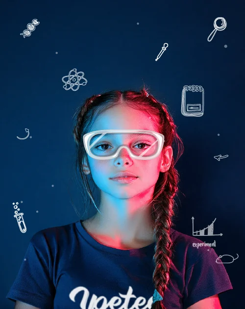 Aluna do Ensino Fundamental I do Colégio IPETEC com óculos de laboratório ilustrados